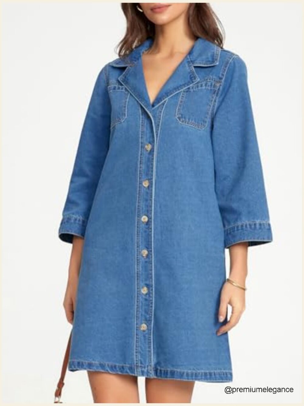 Denim Shirt Dress 3/4 Sleeve Button Down A Line Chambray with Pockets - Picture 6 of 6